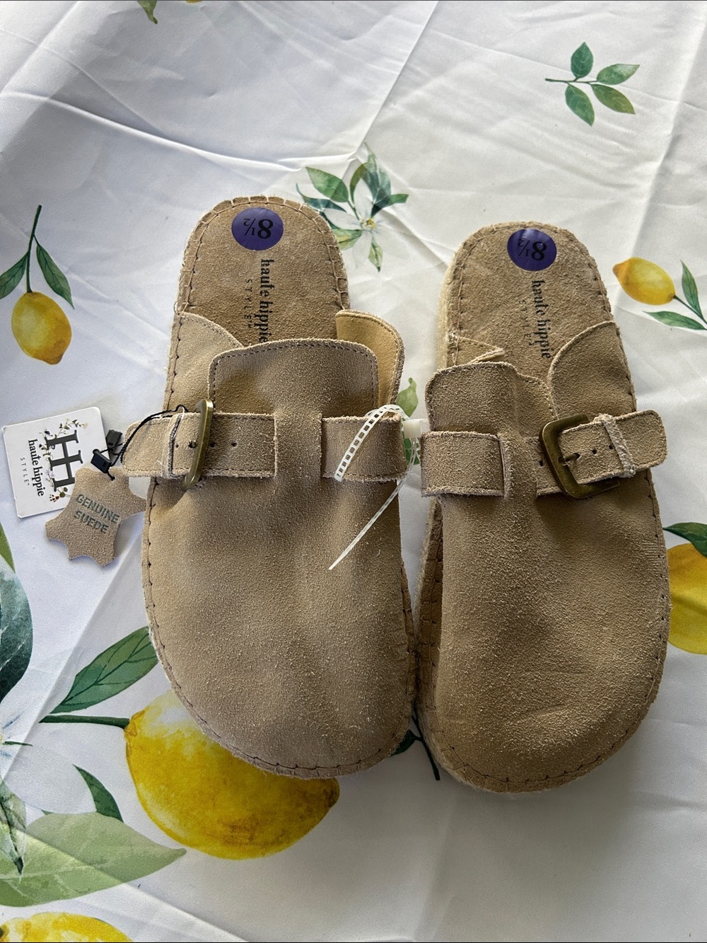 Haute Hippie size 8.5 Tan Suede Buckle Slip-On Mule